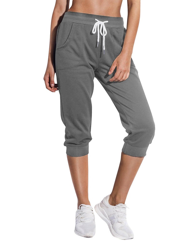 SPECIALMAGIC Women's Capri Joggers Cropped Sweatpants Running Pants Lounge Drawstring with Side Pockets Dark Grey L - Image 1